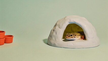 Exotic Pet Accessories Surreal Concept A leopard gecko peeks out from a rock cave with small pots nearby.