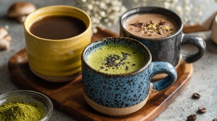Artisan ceramic mugs showcase three unique beverages - vibrant green matcha, rich espresso, and creamy latte - arranged on rustic wooden board with scattered coffee beans and powder.