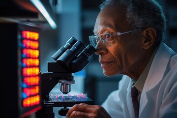 A senior scientist meticulously examines samples under a microscope in a modern laboratory setting.