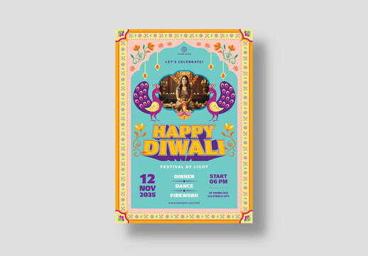 Diwali Festival Flyer Poster with Colourful Traditional Indian Design, Peacocks & Border