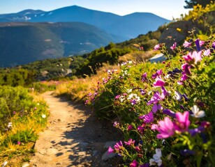 A picturesque path winding through a vibrant meadow of wildflowers, leading to a backdrop of majestic mountains.