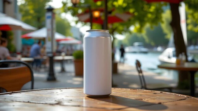 Refreshing Sip Amidst the City: A sleek beverage can stands poised on a rustic wooden table, a city backdrop offers refreshing escape.