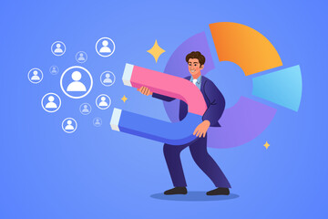 Inbound marketing and lead generation concept. A businessman uses a giant magnet to attract new customers or users. A vector illustration for customer acquisition, social media, data-driven strategy.