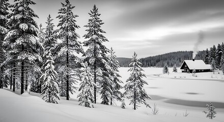 Winter landscape with snow covered cabin