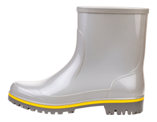 A single yellow rubber rain boot, isolated on a white background, symbolizing protection from wet conditions.