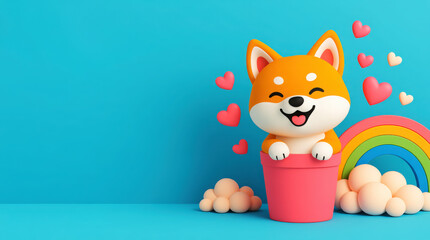 Fototapeta premium Orange dog in pink pot with hearts and rainbow image