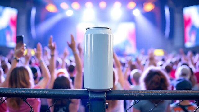 Thirst Quencher at a Concert: A sleek, metallic beverage can stands amidst a vibrant concert scene, a symbol of refreshment amidst the electric atmosphere of music and celebration.