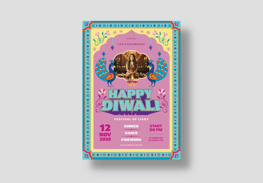Diwali Festival Flyer Poster with Colourful Traditional Indian Design, Peacocks & Border