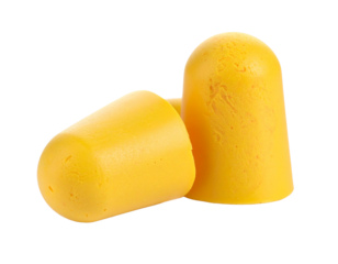A pair of orange rubber earplugs, isolated on a white background, representing hearing protection, safety, and sound reduction.