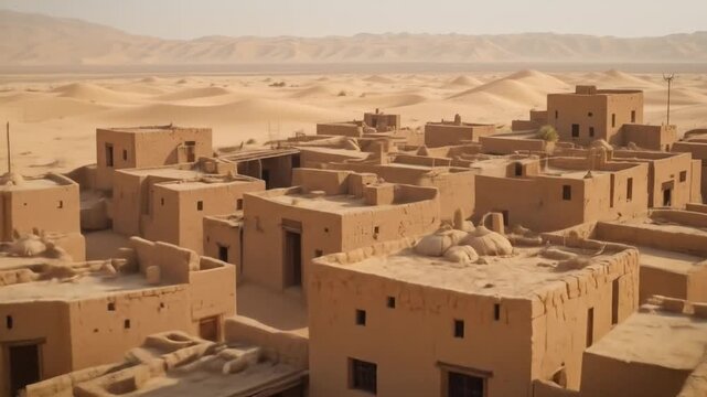 In the Arabian Desert lies a traditional village, made up of mud-brick buildings. 4k video