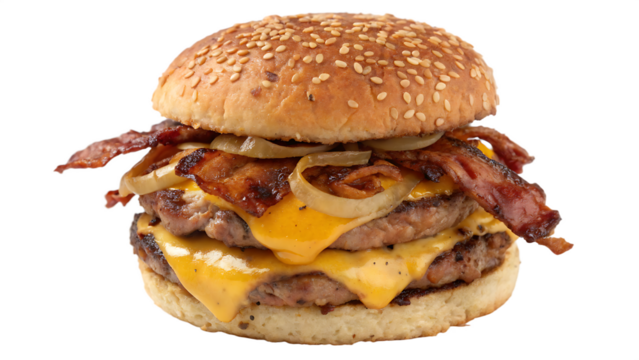 Double bacon burger with two patties, cheddar cheese, crispy bacon, onions, sesame bun, white background