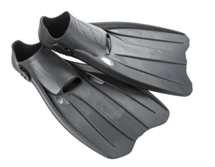 A pair of black rubber diving fins, isolated on a white background, for use in themes of water sports and diving.