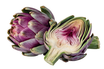 Close up of a fresh artichoke, halved to reveal its intricate interior.