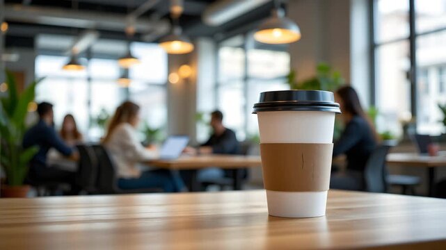 Coffee Break at Work: A disposable coffee cup sits on a wooden table in the middle ground, with a blurred group of coworkers working in the background.