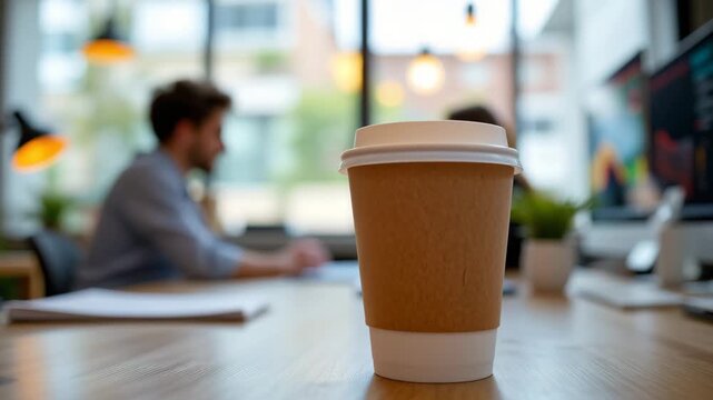 Coffee Break at the Desk: A takeaway coffee cup sits prominently on a desk in an office setting, with a blurred individual engrossed in work, suggesting a moment of pause.