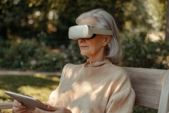 An elderly woman sits outdoors on a bench wearing a VR headset and using a tablet. - Powered by Adobe