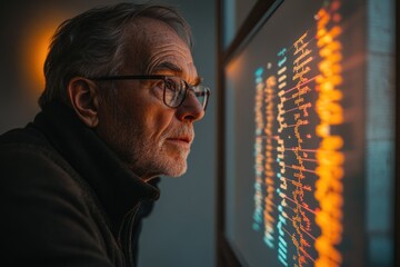 An older man with glasses intently studies a large screen displaying intricate data streams, illuminated by warm light.