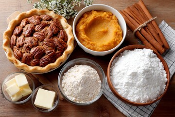Pie with pecans on top of a table