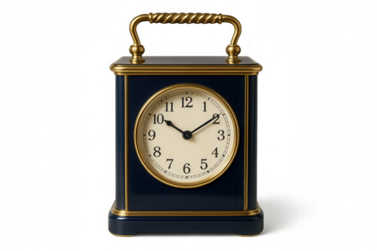 Vintage blue-gold table clock showing precise time, representing punctuality and efficient time management against transparent backdrop