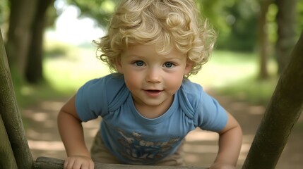 Adorable Curly Haired Toddler Boy Playing Outdoors