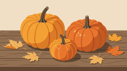 Arrangement of Pumpkins and Autumn Leaves on a Wooden Table