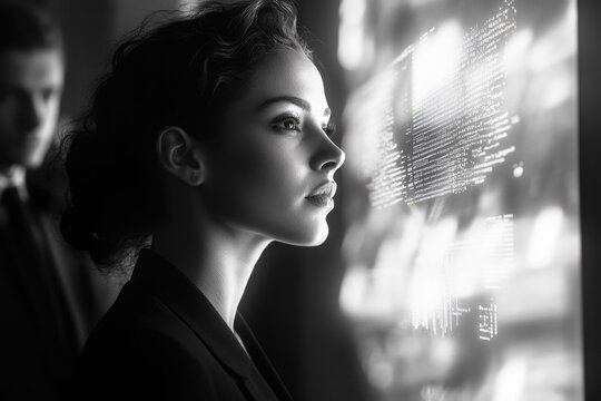 A woman in profile, gazing intently at a screen filled with data; a blurred figure stands behind her.