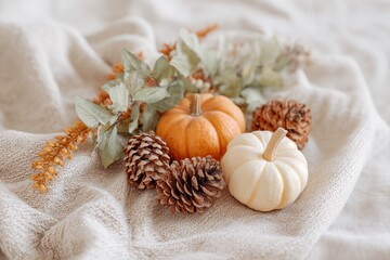 Fototapeta premium Three pumpkins and three pine cones are on a white blanket