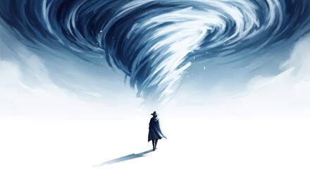 A solitary figure stands against a vast swirling sky vortex.
