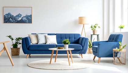 Modern living room with blue sofa and mountains print
