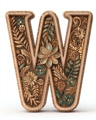 Ornate Wooden Letter W with Gold and Green Floral Design