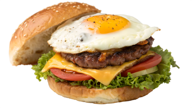 Fried egg burger with sunny side up egg on beef patty, cheddar cheese, lettuce, tomato, toasted bun, white background