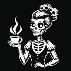Cartoon vector illustration of a skull with a cup of coffee and tea
