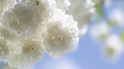 White bush roses blooming in spring sunlight, close-up floral composition with blue sky and shadow details for web design and branding background