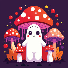 Halloween Cartoon vector illustration of red mushrooms in the forest with grass and leaves