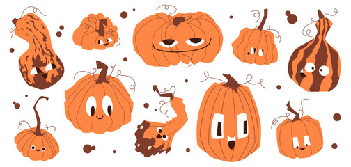 Set of funny pumpkin characters with expressive faces in flat style. Playful autumn vector illustration perfect for Halloween, fall decor, posters, stickers, and seasonal design projects