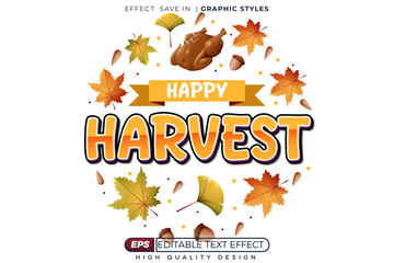 Editable 3D Happy Harvest Text Effect, Autumn Fall Typography with Decorative Leaves and Turkey, Seasonal Poster Template for Thanksgiving Design