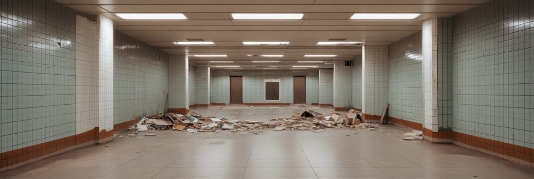 Abandoned subway passageway with debris and tiles