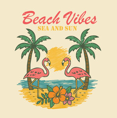 Welcome to paradise vintage graphic print design for apparel and others. Flamingo with surfing board vector artwork design. 