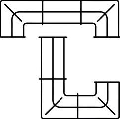 Abstract geometric pipe system with complex bends and turns conveying an industrial or plumbing concept visualized in stark black and white lines