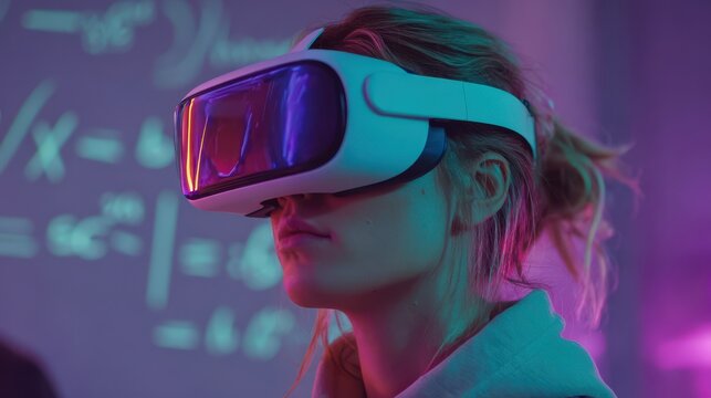 Digital Classroom Revolution: Student with VR headset in modern classroom with floating holographic equations
