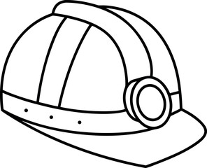Black and white illustration of a miners hard hat with a lamp providing safety and light in dark underground environments for workers