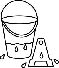 Cleaning bucket and wet floor sign depicting a caution hazard in a minimalist line art illustration for web design graphics and icons