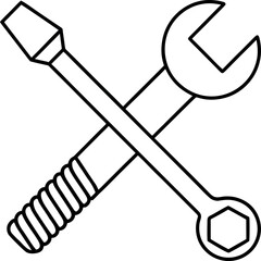 Crossed screwdriver and wrench line art illustration symbol for maintenance service or construction repair work with simple white background
