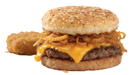 Hash brown burger with crispy hash brown stacked on beef patty, cheddar cheese, sesame bun, white background