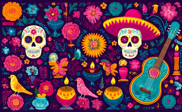 Mexican Dia de Los Muertos holiday banner for Day ofDead, vector calavera skuls and sombrero ornament. Mxican guitar, maracas withcandles, flowers and birdsethnic ornament for Dia deLos Muertos