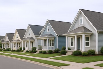 Row of Residential Homes Displaying American Suburban Neighborhood Architecture and Well-Maintained Landscaping with Inviting Facades