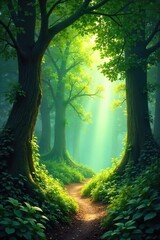 Fototapeta premium Lush, sun-dappled forest scene perfect for fantasy or fairytale settings Deep green foliage, towering trees, and dappled sunlight create a magical atmosphere , mystical, serene, undergrowth