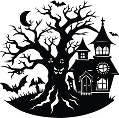 Spooky halloween silhouette scene with haunted house and trees