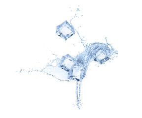Ice cubes and splashing water on white background