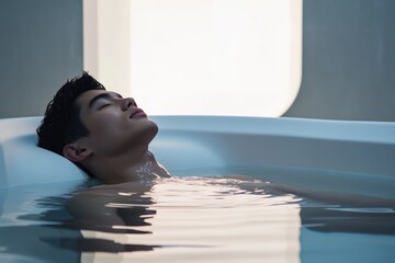 A young man relaxes in a tranquil, modern bathtub, eyes closed, enjoying a peaceful moment of serenity.